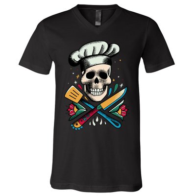 Cooking Chef Skull V-Neck T-Shirt