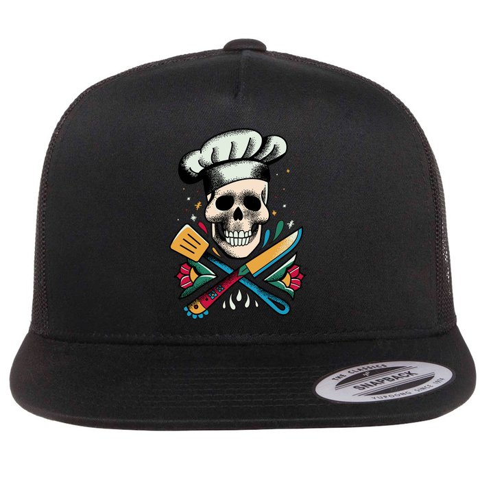 Cooking Chef Skull Flat Bill Trucker Hat