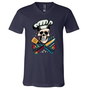 Cooking Chef Skull V-Neck T-Shirt