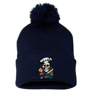 Cooking Chef Skull Pom Pom 12in Knit Beanie