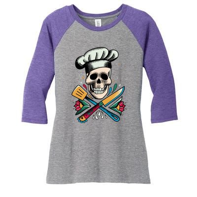 Cooking Chef Skull Women's Tri-Blend 3/4-Sleeve Raglan Shirt