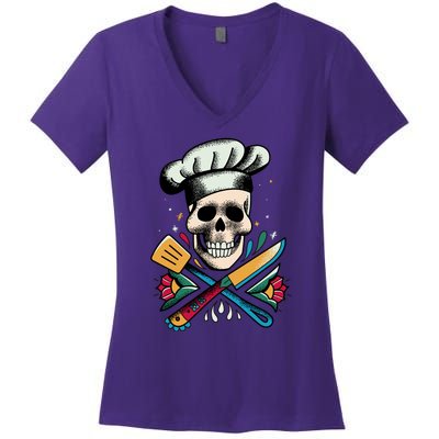 Cooking Chef Skull Women's V-Neck T-Shirt