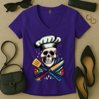 Cooking Chef Skull Women's V-Neck T-Shirt