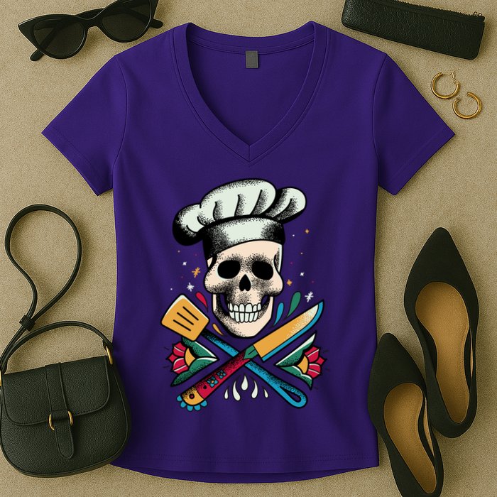 Cooking Chef Skull Women's V-Neck T-Shirt