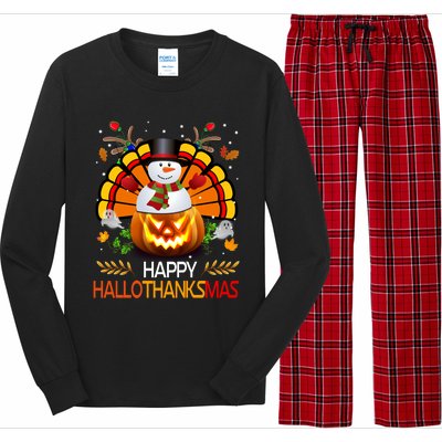 Chirstmas Cute Snow Turkey Pumpkin Happy Hallothanksmas Gift Long Sleeve Pajama Set