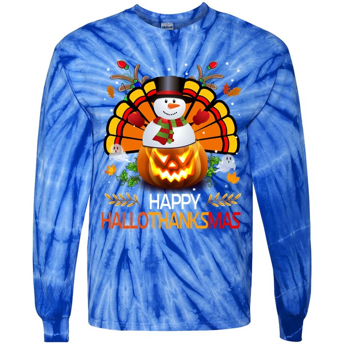 Chirstmas Cute Snow Turkey Pumpkin Happy Hallothanksmas Gift Tie-Dye Long Sleeve Shirt