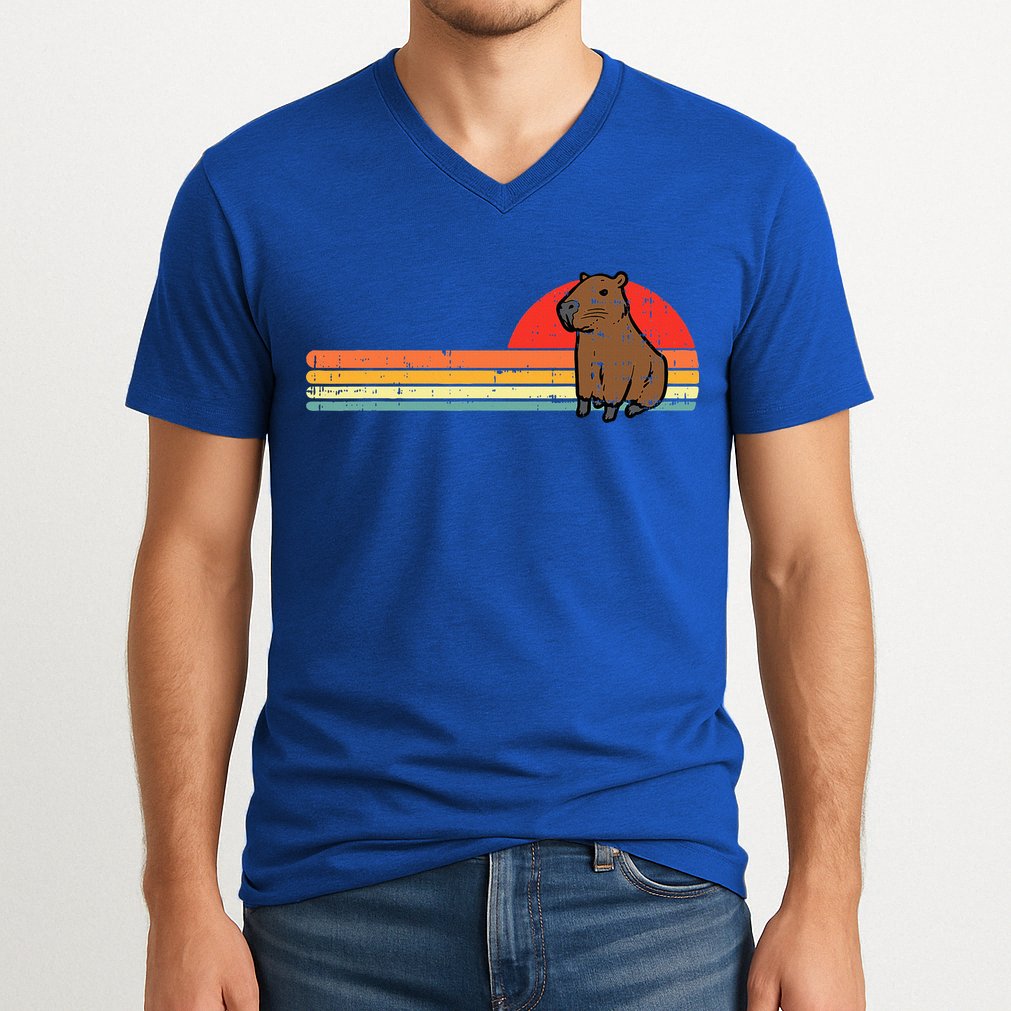 Capybara Chest Sunset Retro Capy Rodent V-Neck T-Shirt