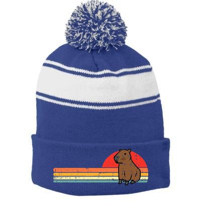 Capybara Chest Sunset Retro Capy Rodent Stripe Pom Pom Beanie