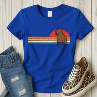 Capybara Chest Sunset Retro Capy Rodent Womens T-Shirt