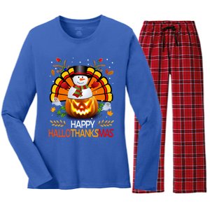 Chirstmas Cute Snow Turkey Pumpkin Happy Hallothanksmas Gift Women's Long Sleeve Flannel Pajama Set 