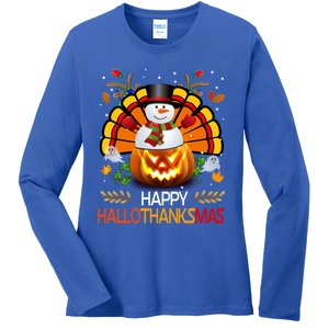 Chirstmas Cute Snow Turkey Pumpkin Happy Hallothanksmas Gift Ladies Long Sleeve Shirt