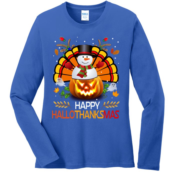 Chirstmas Cute Snow Turkey Pumpkin Happy Hallothanksmas Gift Ladies Long Sleeve Shirt