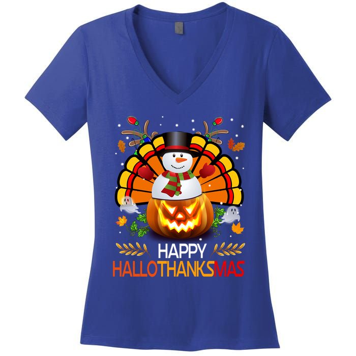 Chirstmas Cute Snow Turkey Pumpkin Happy Hallothanksmas Gift Women's V-Neck T-Shirt