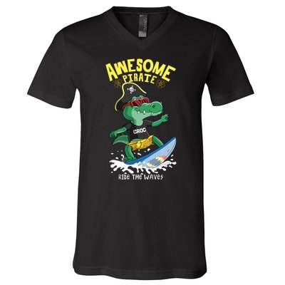 Cool Crocodile Surfing V-Neck T-Shirt