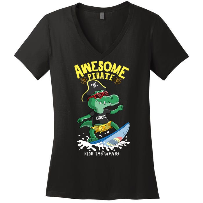 Cool Crocodile Surfing Women's V-Neck T-Shirt