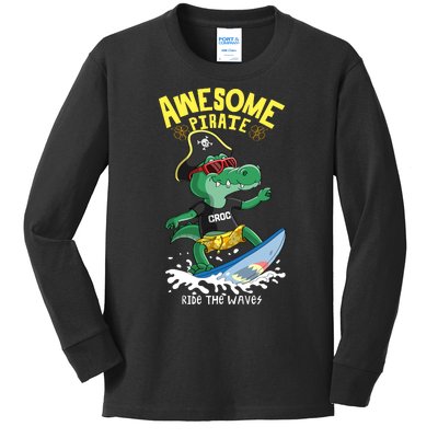 Cool Crocodile Surfing Kids Long Sleeve Shirt