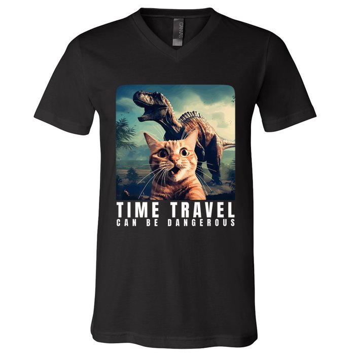 Crazy Cat Selfie Run Time Travel Can Be Dangerous Cat Love V-Neck T-Shirt