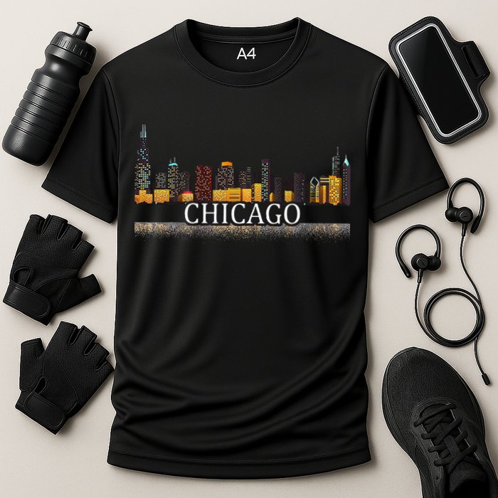 Chicago City Skyline Lights At Night Cooling Performance Crew T-Shirt