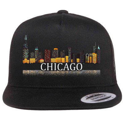 Chicago City Skyline Lights At Night Flat Bill Trucker Hat