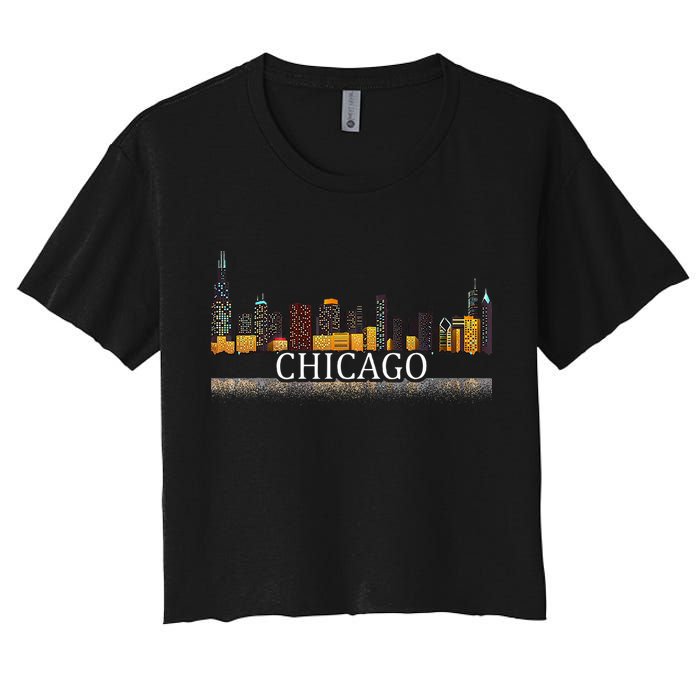 Chicago City Skyline Lights At Night Women's Crop Top Tee