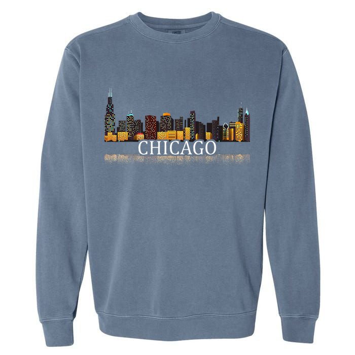 Chicago City Skyline Lights At Night Garment-Dyed Sweatshirt