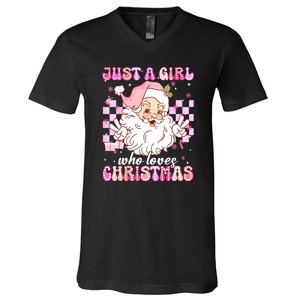 Cute Christmas Santa Claus Groovy Just A Girl Who Loves Xmas Girl Gift V-Neck T-Shirt