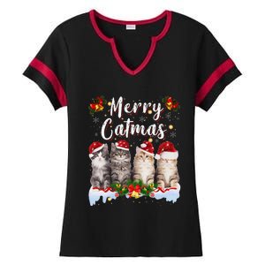 Cat Christmas Santa Hat Funny Merry Catmas Meowy Women Gift Ladies Halftime Notch Neck Tee