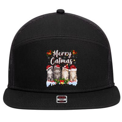 Cat Christmas Santa Hat Funny Merry Catmas Meowy Women Gift 7 Panel Mesh Trucker Snapback Hat