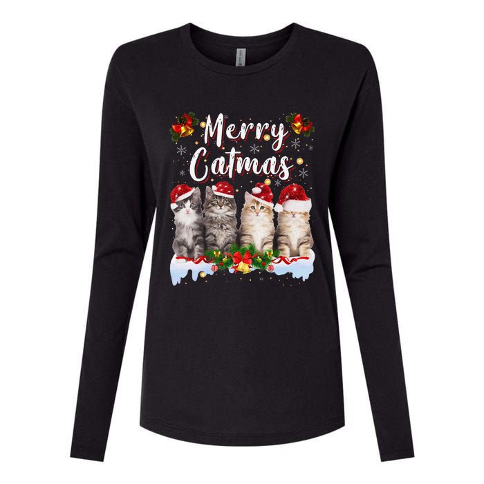 Cat Christmas Santa Hat Funny Merry Catmas Meowy Women Gift Womens Cotton Relaxed Long Sleeve T-Shirt