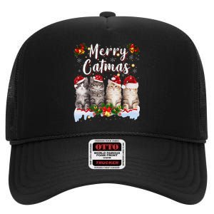 Cat Christmas Santa Hat Funny Merry Catmas Meowy Women Gift High Crown Mesh Back Trucker Hat