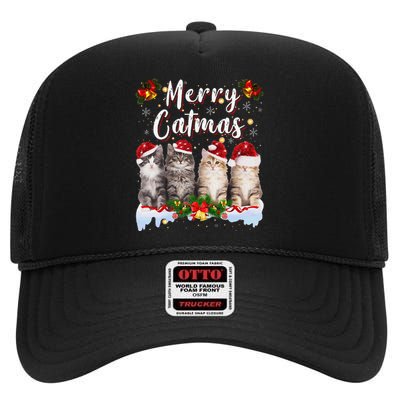 Cat Christmas Santa Hat Funny Merry Catmas Meowy Women Gift High Crown Mesh Back Trucker Hat