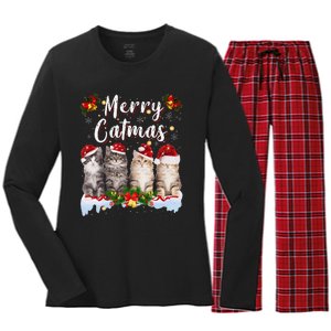 Cat Christmas Santa Hat Funny Merry Catmas Meowy Women Gift Women's Long Sleeve Flannel Pajama Set 