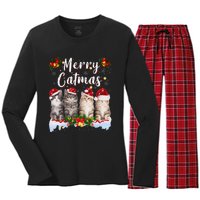 Cat Christmas Santa Hat Funny Merry Catmas Meowy Women Gift Women's Long Sleeve Flannel Pajama Set 