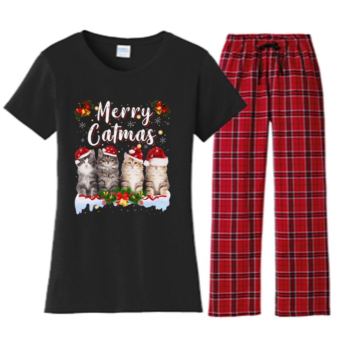 Cat Christmas Santa Hat Funny Merry Catmas Meowy Women Gift Women's Flannel Pajama Set