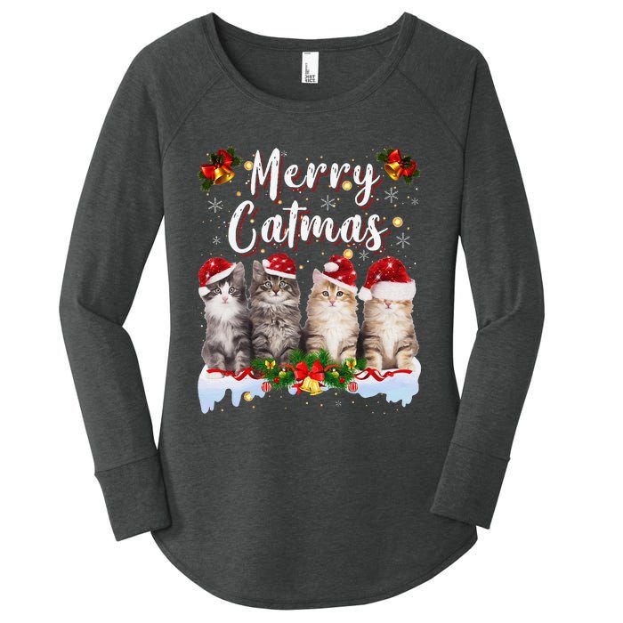 Cat Christmas Santa Hat Funny Merry Catmas Meowy Women Gift Women's Perfect Tri Tunic Long Sleeve Shirt