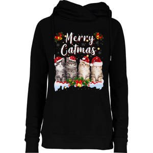 Cat Christmas Santa Hat Funny Merry Catmas Meowy Women Gift Womens Funnel Neck Pullover Hood