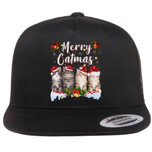 Cat Christmas Santa Hat Funny Merry Catmas Meowy Women Gift Flat Bill Trucker Hat