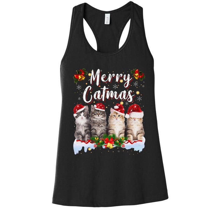 Cat Christmas Santa Hat Funny Merry Catmas Meowy Women Gift Women's Racerback Tank