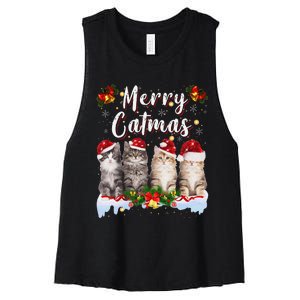 Cat Christmas Santa Hat Funny Merry Catmas Meowy Women Gift Women's Racerback Cropped Tank