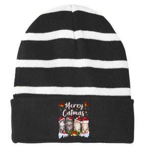 Cat Christmas Santa Hat Funny Merry Catmas Meowy Women Gift Striped Beanie with Solid Band