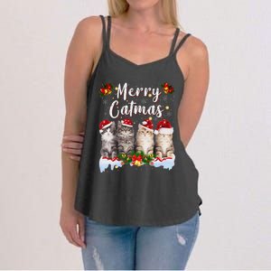 Cat Christmas Santa Hat Funny Merry Catmas Meowy Women Gift Women's Strappy Tank