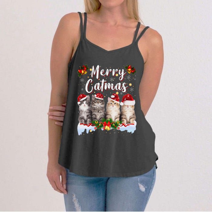 Cat Christmas Santa Hat Funny Merry Catmas Meowy Women Gift Women's Strappy Tank