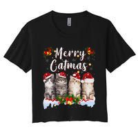 Cat Christmas Santa Hat Funny Merry Catmas Meowy Women Gift Women's Crop Top Tee