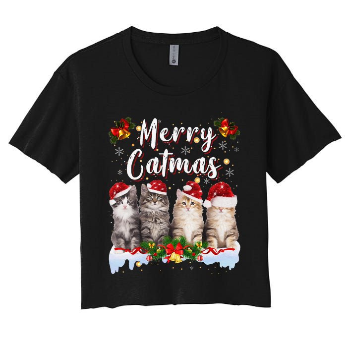 Cat Christmas Santa Hat Funny Merry Catmas Meowy Women Gift Women's Crop Top Tee