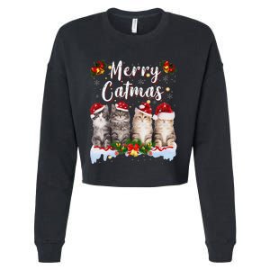 Cat Christmas Santa Hat Funny Merry Catmas Meowy Women Gift Cropped Pullover Crew