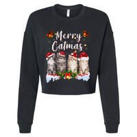 Cat Christmas Santa Hat Funny Merry Catmas Meowy Women Gift Cropped Pullover Crew