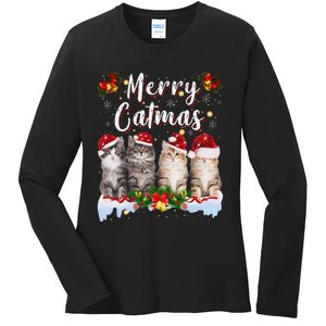 Cat Christmas Santa Hat Funny Merry Catmas Meowy Women Gift Ladies Long Sleeve Shirt