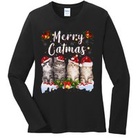 Cat Christmas Santa Hat Funny Merry Catmas Meowy Women Gift Ladies Long Sleeve Shirt