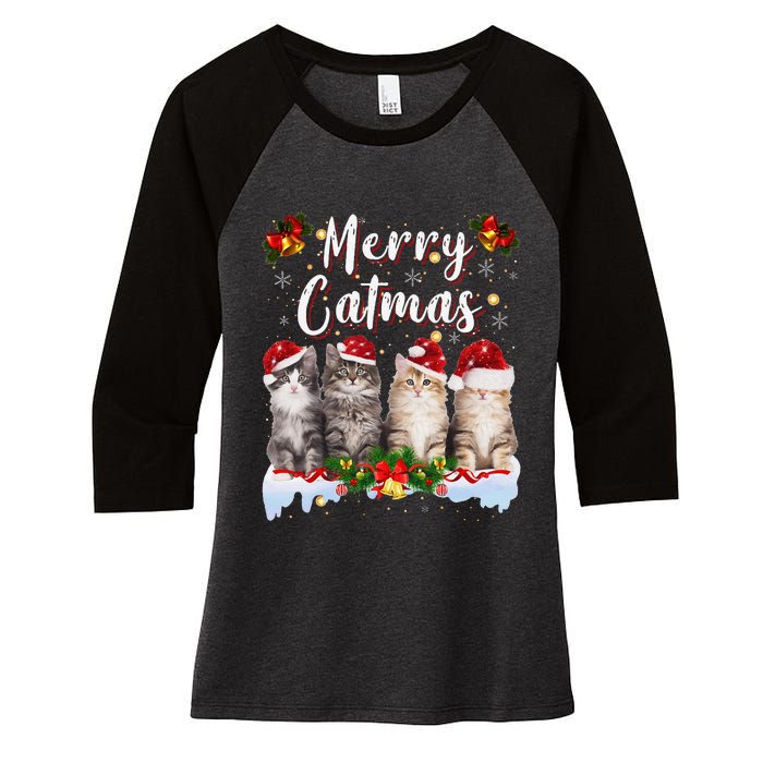 Cat Christmas Santa Hat Funny Merry Catmas Meowy Women Gift Women's Tri-Blend 3/4-Sleeve Raglan Shirt