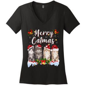 Cat Christmas Santa Hat Funny Merry Catmas Meowy Women Gift Women's V-Neck T-Shirt